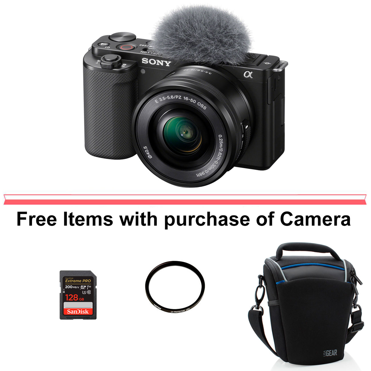 Sony ZV-E10 Mirrorless Camera with 16-50mm Lens (Black) with Essential Acc.  Kit ILCZV-E10L/B EK