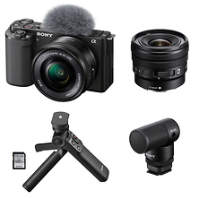 Alpha ZV-E10 Mirrorless Digital Camera with 16-50mm Lens (Black), E 10-20mm f/4 PZ G Lens, Vlogger's Accessory Kit, & ECM-G1 Vlogger Microphone Image 0