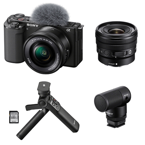 Sony Alpha ZV-E10 Mirrorless Camera w/16-50mm (Blk) Sony Vlogger's E  10-20mm, ECM-G1 Mic, & Sony Acc